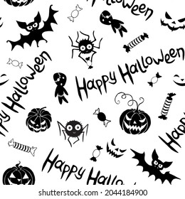 Happy Halloween-seamless pattern of traditional holiday symbols-pumpkin, Jack lantern, zombie, bat, spider, candies. Funny texture for greeting card, invitation, party poster, wrapping paper