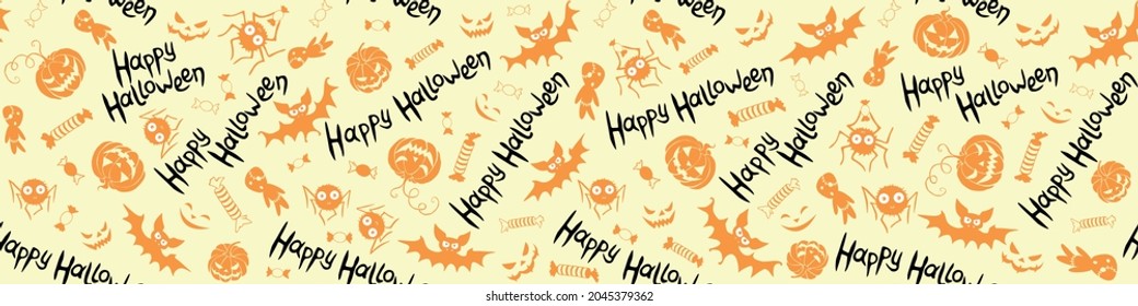 Happy Halloween-seamless pattern of traditional holiday symbols-pumpkin, Jack lantern, zombie, bat, spider, candies. Funny texture for greeting card, invitation, party poster, wrapping paper.