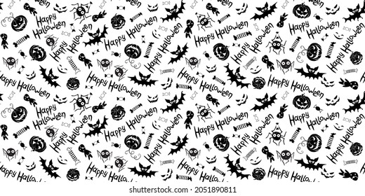 Happy Halloween-seamless pattern of traditional holiday symbols-pumpkin, Jack lantern, zombie, bat, spider, candies. Funny texture for greeting card, invitation, party poster, wrapping paper
