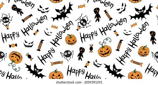 Happy Halloween-seamless pattern of traditional holiday symbols-pumpkin, Jack lantern, zombie, bat, spider, candies. Funny texture for greeting card, invitation, party poster, wrapping paper