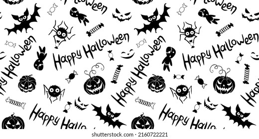 Happy Halloween-seamless pattern of traditional holiday symbols-pumpkin, Jack lantern, zombie, bat, spider, candies. Funny texture for greeting card, invitation, party poster, wrapping paper