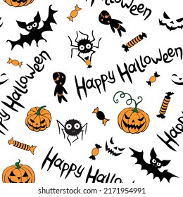 Happy Halloween-seamless pattern of traditional holiday symbols-pumpkin, Jack lantern, zombie, bat, spider, candies. Funny texture for greeting card, invitation, party poster, wrapping paper