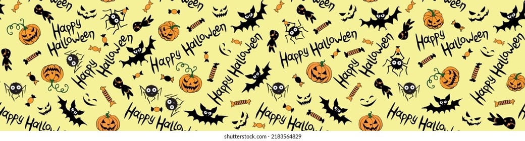 Happy Halloween-seamless pattern of traditional holiday symbols-pumpkin, Jack lantern, zombie, bat, spider, candies. Funny texture for greeting card, invitation, party poster, wrapping paper.