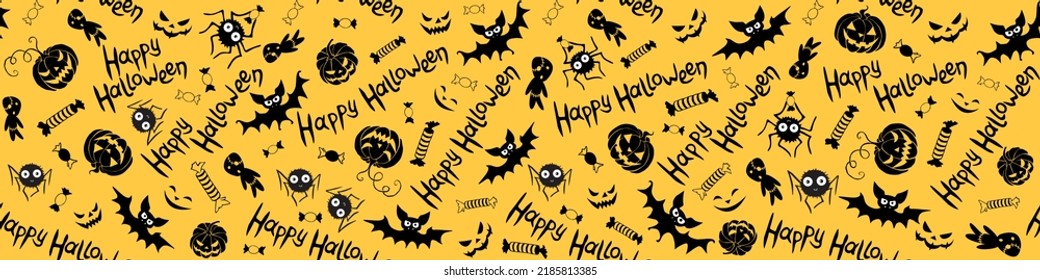 Happy Halloween-seamless pattern of traditional holiday symbols-pumpkin, Jack lantern, zombie, bat, spider, candies. Funny texture for greeting card, invitation, party poster, wrapping paper.