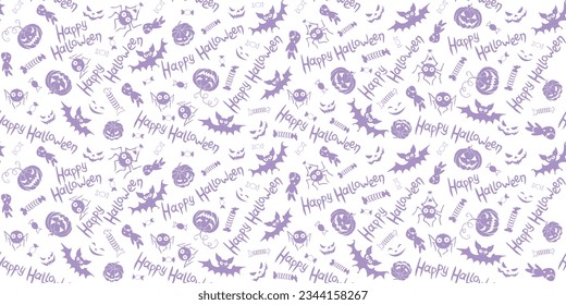 Feliz patrón de Halloween sin costuras de símbolos tradicionales de festividad morada-calabaza, linterna de Jack, zombie, murciélago, araña, caramelos. Textura divertida
