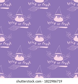 Happy Halloween-seamless pattern with witch icon, broom and lettering. Power girls theme. Textured background for greeting card, invitation, party poster, banner