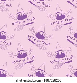 Happy Halloween-seamless pattern with witch icon, broom and lettering. Power girls theme. Textured background for greeting card, invitation, party poster, banner