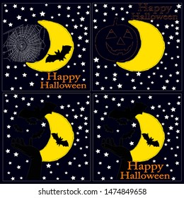 Happy Halloween.Spoky scene with moon,stars and halloween simbols.Horror.Scary.Tips and tricks.