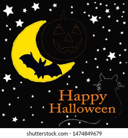 Happy Halloween.Spoky scene with moon,stars and halloween simbols.Horror.Scary.Tips and tricks.