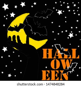 Happy Halloween.Spooky scene with moon,stars,black hand and flying bats.Scary.Horror.Tips and tricks.