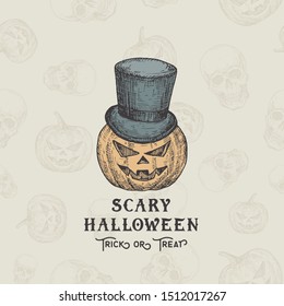 Happy HalloweenTrick or Treat Vector Background or Card Template. Hand Drawn Pumpkin in a Cylinder Hat Sketch Illustrations. Holiday Decorative Composition with Seamless Pumpkins Pattern. Isolated.
