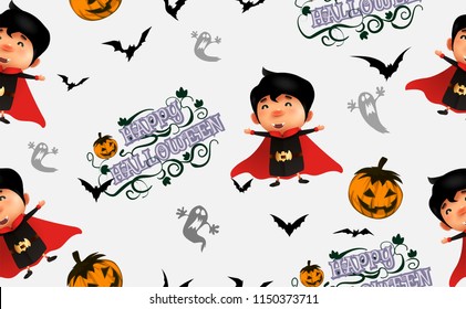 Happy Halloween.trick or treat.Cute Boy in dracula costumes and makeup on a celebration of Halloween.Seamless pattern.Flyer or invitation template for party.print,Fabric. Vector illustration.