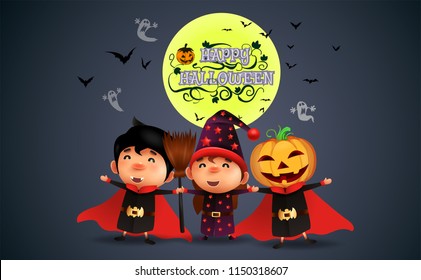 Happy Halloween.trick or treat.Cute Boy and girl in dracula,pumpkin evil,and a witch costumes and makeup on a celebration of Halloween.Flyer or invitation template for party. Vector illustration.