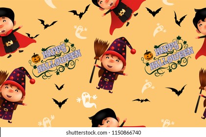 Happy Halloween.trick or treat.Cute Boy and Girl in dracula and a witch. costumes and makeup on a celebration of Halloween.Seamless pattern.for party.print,Fabric. Vector illustration.