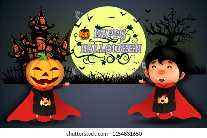 Happy Halloween.trick or treat.Cute Boy and girl in dracula,pumpkin evil,and a witch costumes and makeup on a celebration of Halloween.Flyer or invitation template for party. Vector illustration.