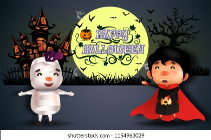 Happy Halloween.trick or treat.Cute Boy and girl in dracula,pumpkin evil, mummy,and a witch costumes and makeup on a celebration of Halloween.Flyer or invitation for party. Vector illustration.