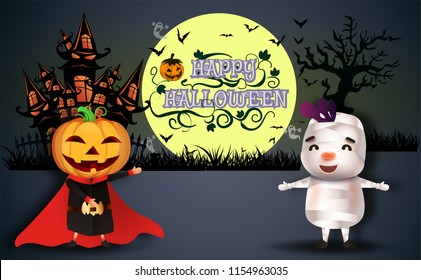 Happy Halloween.trick or treat.Cute Boy and girl in dracula,pumpkin evil, mummy,and a witch costumes and makeup on a celebration of Halloween.Flyer or invitation for party. Vector illustration.