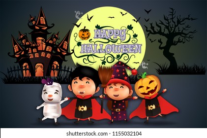 Happy Halloween.trick or treat.Cute Boy and girl in dracula,pumpkin evil, mummy,and a witch costumes and makeup on a celebration of Halloween.Flyer or invitation for party. Vector illustration.