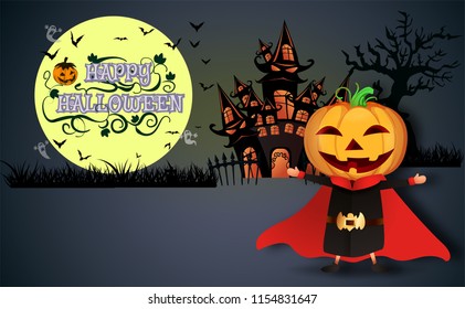 Happy Halloween.trick or treat.Cute Boy in pumpkin evil costumes and makeup on a celebration of Halloween and Yellow Moon background.Flyer or invitation template for party. Vector illustration.