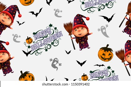 Happy Halloween.trick or treat.Cute Girl in a witch. costumes and makeup on a celebration of Halloween.Seamless pattern.Flyer or invitation template for party.print,Fabric. Vector illustration.