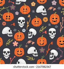 Happy Halloween!Vector seamless pattern with human skulls,orange pumpkins with cut out faces and floral elements.Colorful background and texture for printing on fabric and paper,design card,cover.