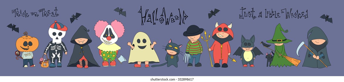 Happy Halloween.Vector Set of cute cartoon children in colorful halloween costumes