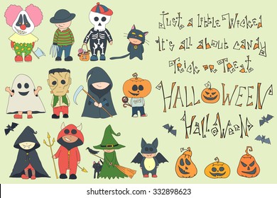 Happy Halloween.Vector Set of cute cartoon children in colorful halloween costumes