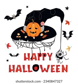 Happy Halloween!Witch hat decorated with pumpkin lantern and candies.Print with hand written text.Background with bats and spider.Colored vector elements isolated on white.Autumn flat illustration.