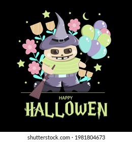 Happy hallowen background. Cute pumpkin witch with flowers, moon, stars, broom and balloons. Cartoon illustration 