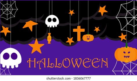 Happy Hallowen banner or background with night clouds and pumpkins. Vector Illustration