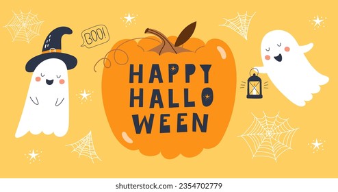 Happy Hallowen Banner mit süßen Geistern. Vektorgrafiken 