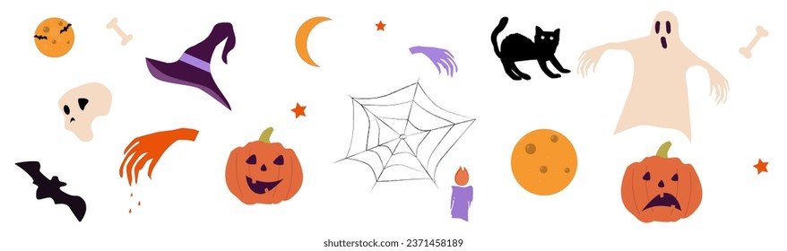 Happy Hallowen banner with Halloween Elements on wood background. Set of Halloween elements. Banner Halloween template