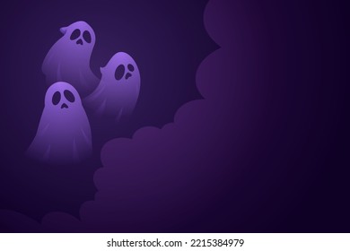 Feliz vector de banner de Hallowen, espeluznante plantilla de fondo de Hallowen con ilustración de fantasmas para tarjetas de felicitación o post en medios sociales 