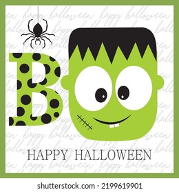 Feliz tarjeta de halloween con frankenstein y araña adorables