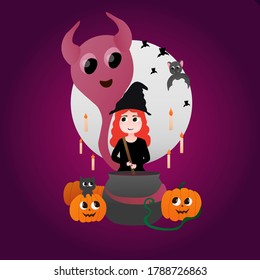 Happy Hallowen illustration on purple background cute witch boiling potion in cauldron, bat flying around, big moon, dark cat sitting in pumplin, kawaii ghost, symbols of witchcraft