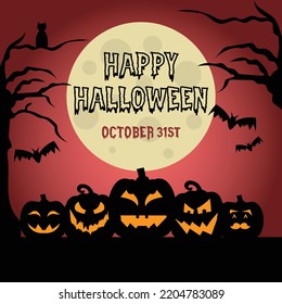 Happy Hallowen party invitation october 31st with 5 pumpkins and bats 