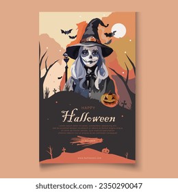 Happy Hallowen poster watercolor witch