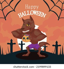 happy hallowween card on gravestone with a werewolf