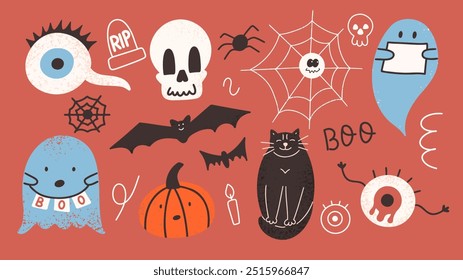 Conjunto de Vector lindo de Happy Hallowwen. Divertidas ilustraciones dibujadas a mano. Elementos para niños. Colección de Halloween con gato negro, fantasma, cráneo, ojo de miedo, murciélago. 