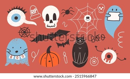 Happy Hallowwen cute vector set. Funny hand drawn illustrations. Elements for children. Halloween collection with black cat, ghost, skull, scary eye, bat. 