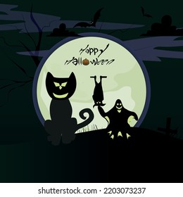 Happy Halooween vector illustration with scary smiling moon on orange night sky with spooky forest for poster, banner, holiday sales, celebration invitation, horror background, flame and fire, evil.