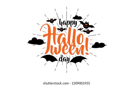 Happy haloween day text banner with bat and cloud. Vector illustration.