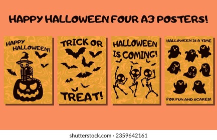 Fröhliche Haloween vier Poster. Vektorkunst. Druckbares Bildschirmhintergrund.