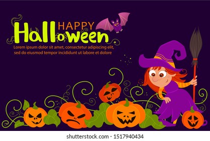 Happy haloween illustration of witch and pumpkin growth on a violet backgrounde.