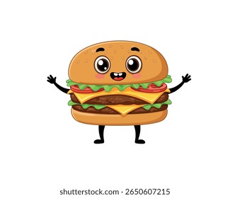 Happy hamburger cartoon with arms and legs – perfect for children’s content or fast food branding.