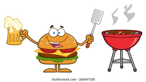 Happy Hamburger Cartoon Character Holding A Beer And Bbq Slotted Spatula By A Grill. Vector Illustration Isolated On White