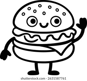 Happy hamburger cartoon character waving hello