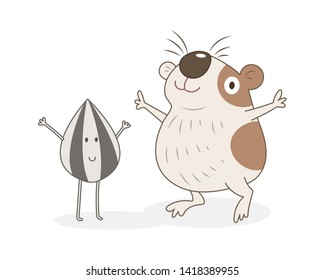 A happy hamster and cute sunflower seed vector illustration cartoon. A cute hamster pastel cartoon. 