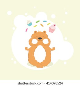 Happy hamster juggling candies, cakes and ice cream cones, single composition in a white frame on a light yellow background. Vector illustration.