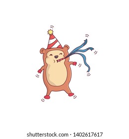 Happy hamster with party cap and party  blowouts . Happy birthday party